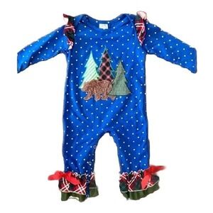 NEW  Boutique Christmas Romper Baby Girls Sz 12-18   Tree Blue